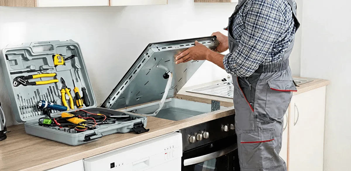 Handyman repairing a cooktop and checking wiring connections in Birmingham, AL