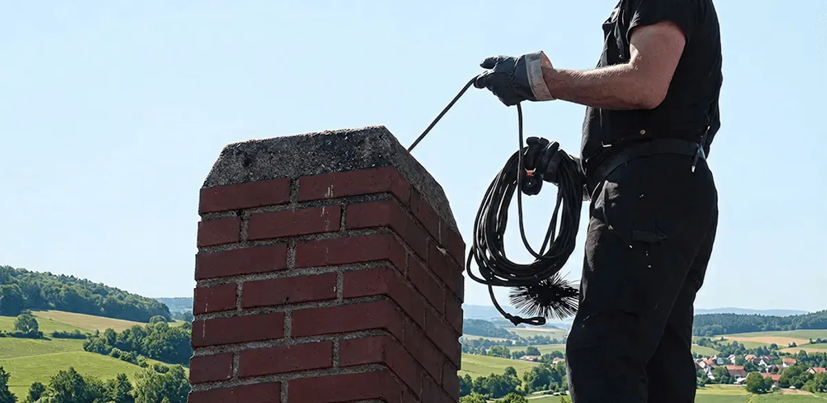 Chimney sweep inspecting and cleaning a rooftop chimney in Birmingham, AL