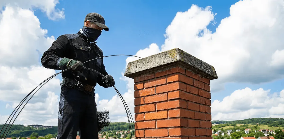 Chimney sweep cleaning a brick chimney with professional tools in Birmingham, AL